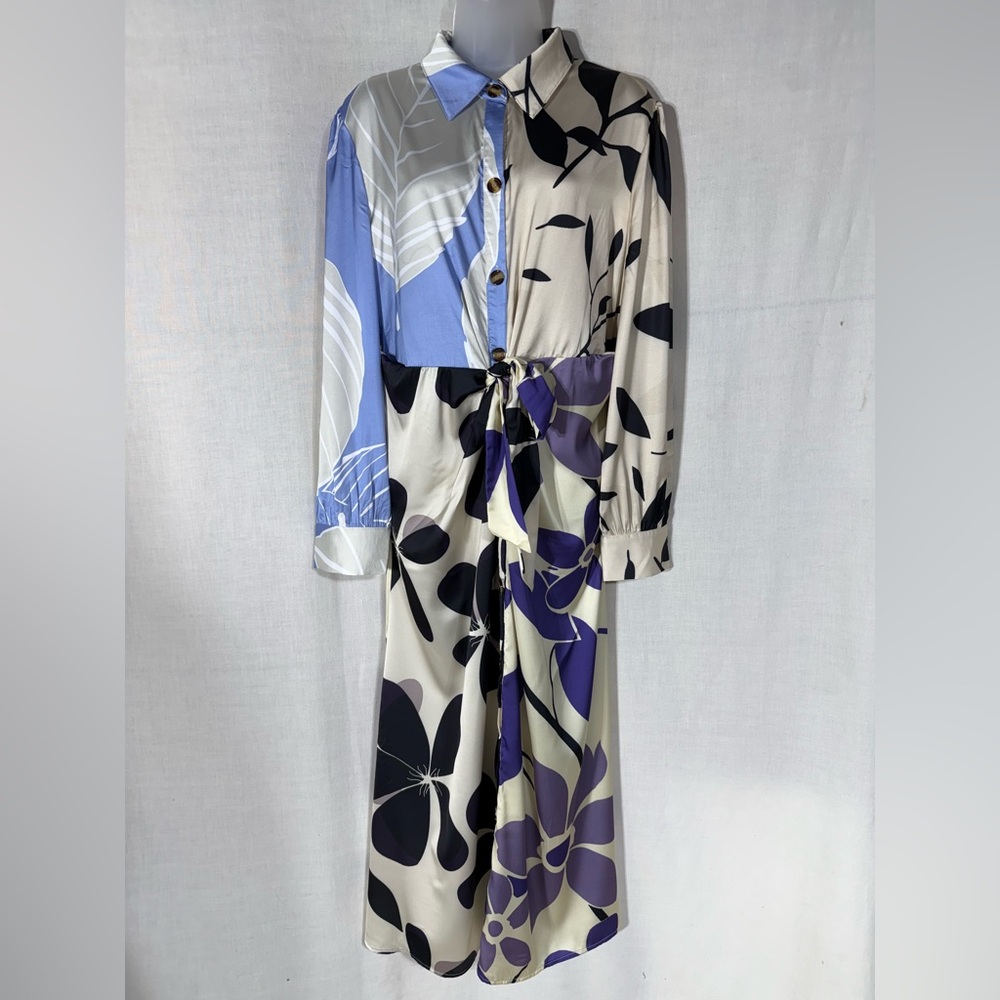 Stitchdrop Elegant Long Sleeve Floral tie front Dress in Blue and Cream Sz L